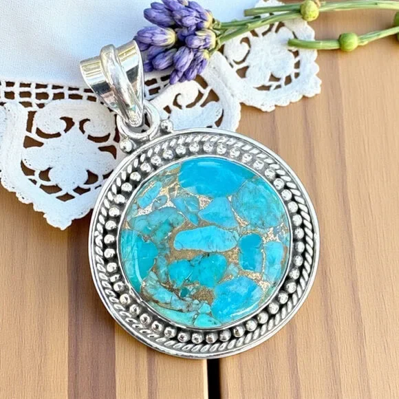 Kingman Blue Copper Turquoise Solid 925 Sterling Silver Pendant - Picture 2 of 4